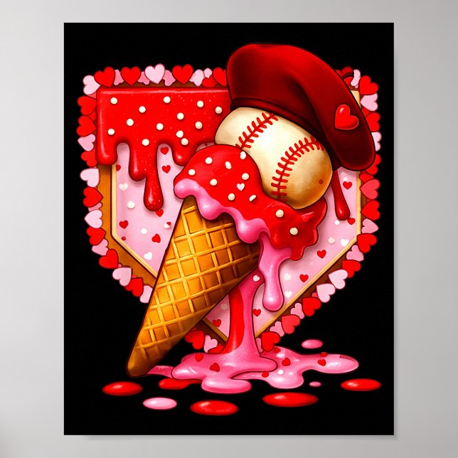 Poster Baseball Heart Valentine Baseball Ice Cream Drip B (Devant)