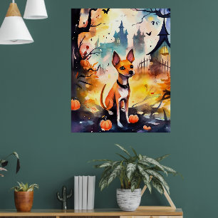 Poster Basenji Halloween avec citrouilles effrayant