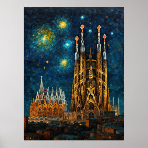 Poster Basilique de Barcelone Sagrada Família Nuit étoilé