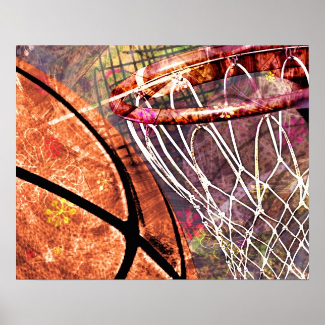 Poster Basket-ball et cerceau de basket-ball rose violet (Devant)