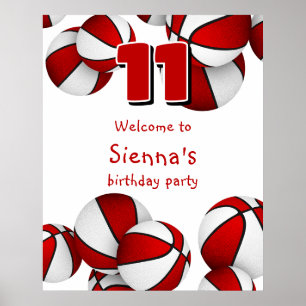 Poster basket blanc rouge fête d'anniversaire bienvenue