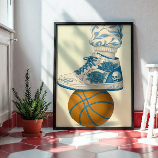Poster Basket de crâne floral bleu sur Basketball
