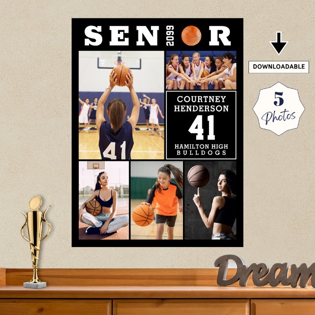 Poster Basketball Senior Graduation 5 Photo Collage (Créateur téléchargé)