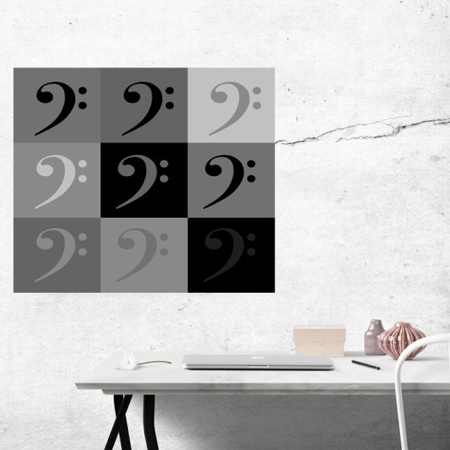 Poster Bass Clef Motif noir gris (A poster of a bass clef pattern in various shades of gray and black.)