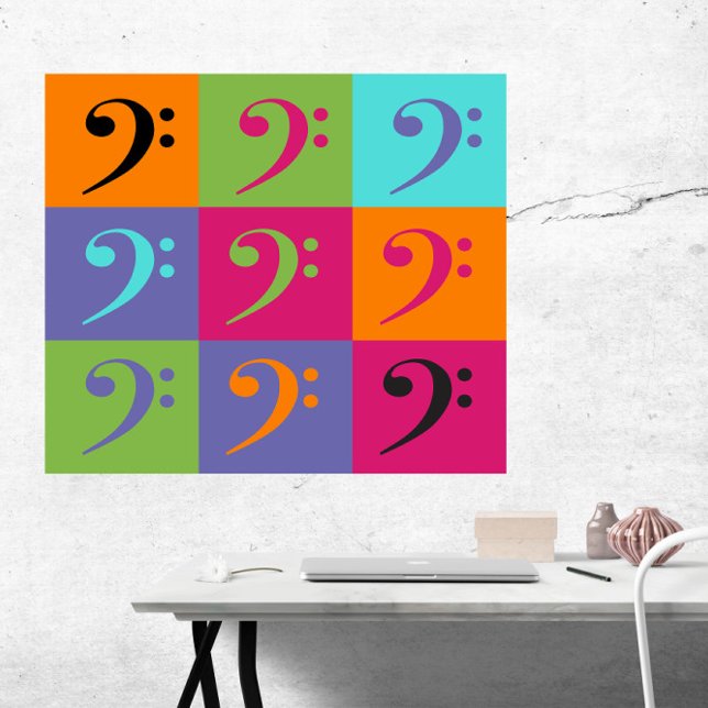 Poster Bass Clef Motif orange violet rose (A poster featuring a bass clef pattern in orange, pink, green and turquoise)