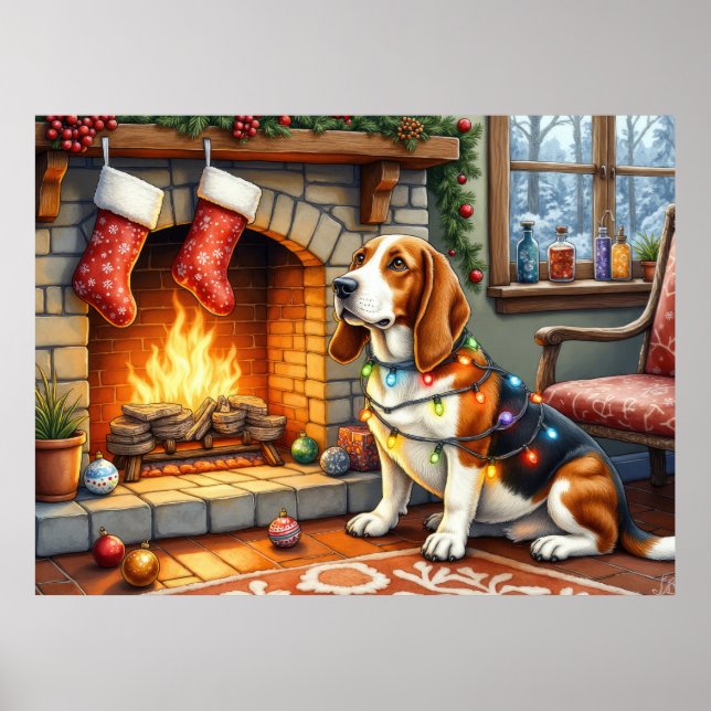 Poster Basset Hound Fireplace with Christmas Lights (Devant)