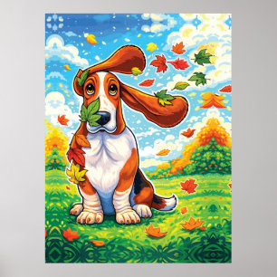 Poster Basset Hound joueur Feuilles d'automne Dessin anim