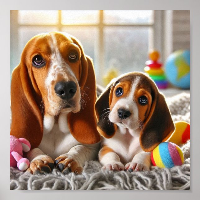 Poster Basset Hound maman et son chiot (Devant)