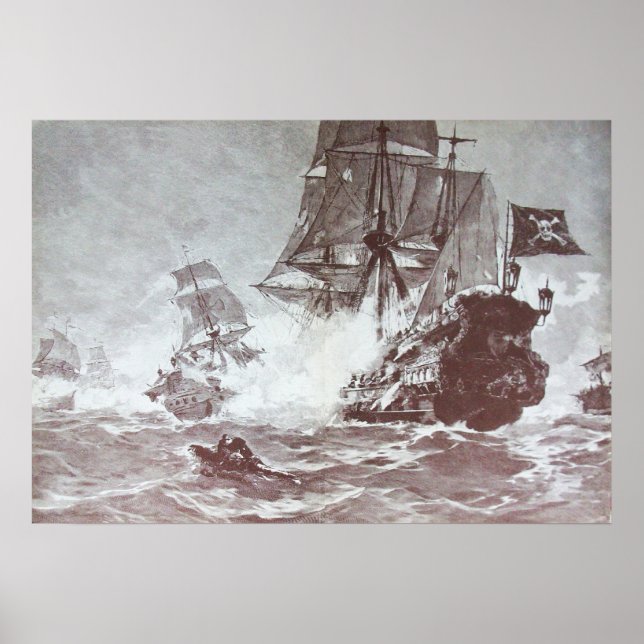 POSTER BATAILLE DE NAVIRE PIRATE EN NOIR ET BLANC (Devant)