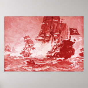 POSTER BATAILLE DE NAVIRE PIRATE EN ROUGE ANTIQUE