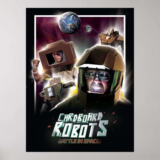 Poster Bataille de robots en carton dans l'espace (Devant)