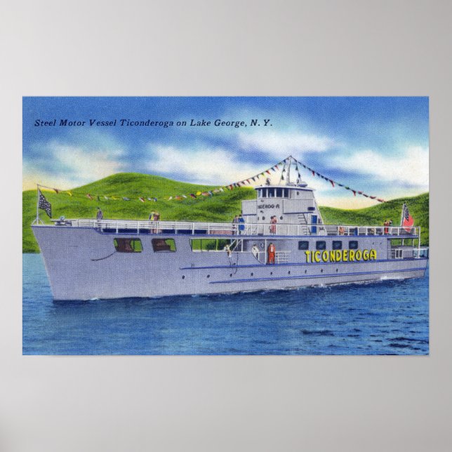 Poster Bateau à moteur en acier Ticondéroga sur le lac (Devant)