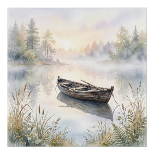 Poster Bateau à rames aquarelle serein sur un lac brumeux