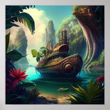 Bateau à vapeur dans un réalisme magique de jungle