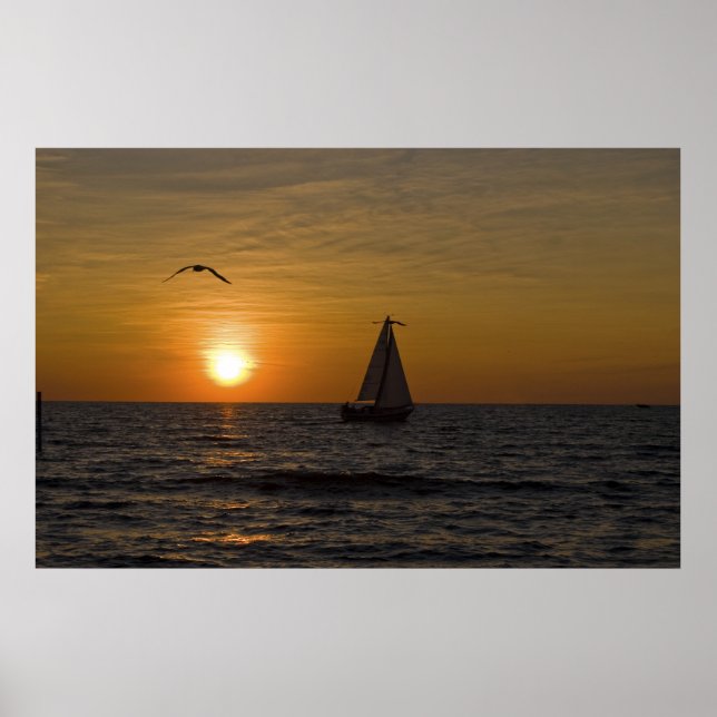 Poster Bateau à voile au coucher du soleil (Devant)