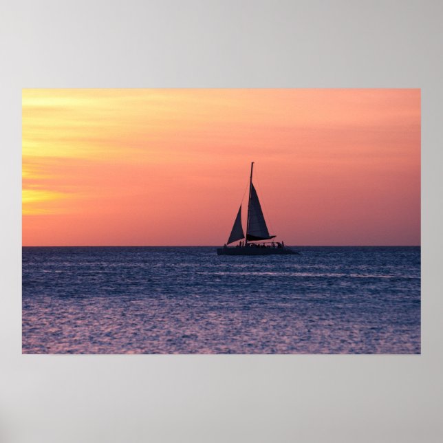 Poster Bateau à voile au coucher du soleil (Devant)