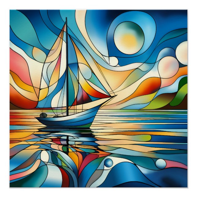 Poster Bateau à voile au lever du soleil (Devant)