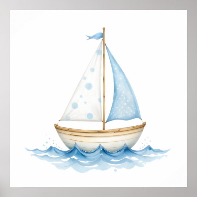 Poster Bateau à voile bleu et blanc - Nautique Bébé R (Devant)