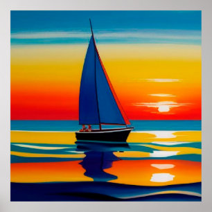 Poster ⛵ Bateau à voile Coucher de soleil Eaux calmes Pou