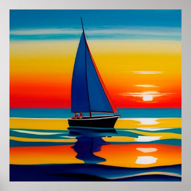 Poster Bateau à voile dans les eaux calmes au coucher du  (Devant)