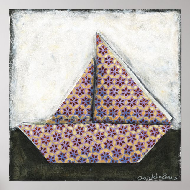 Poster Bateau à voile Origami sur papier design Star (Devant)