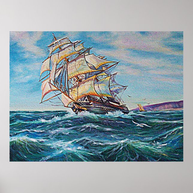 Poster Bateau à voile sur eaux froides Peinture à l'huile (Devant)