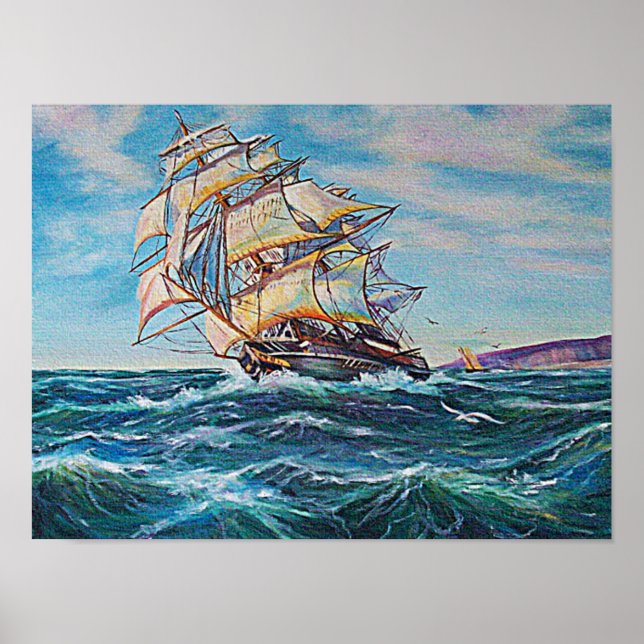 Poster Bateau à voile sur les eaux de mer Brute Petites (Devant)