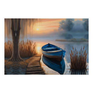 Poster Bateau bleu rustique Matin Sky réflexion