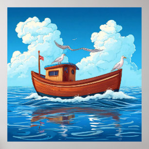 Poster Bateau Coloré Flottant sur les Vagues de l'Océan