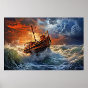 Poster Bateau De Pêche Dans La Tempête Météo Surréaliste