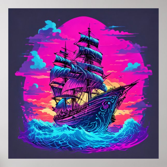 Poster Bateau de pirates colorés (Devant)