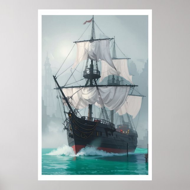 Poster Bateau émergeant du brouillard - Voyage spirituel (Devant)