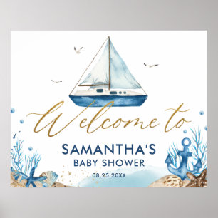 Poster Bateau nautique Hampton Gold Baby shower Bienvenue