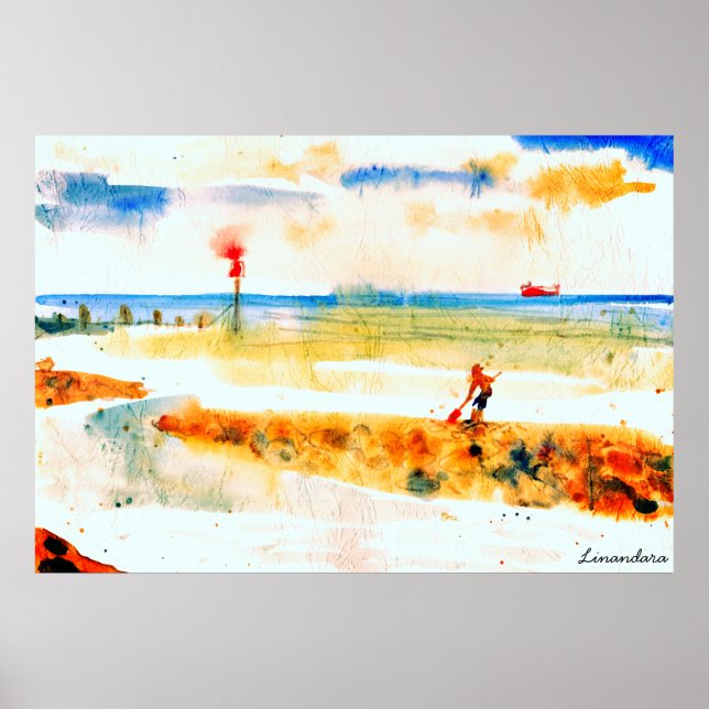Poster Bateau rouge en aquarelle Norfolk (Devant)