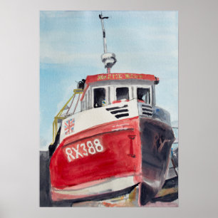 Poster Bateau rouge sur la côte aquarelle