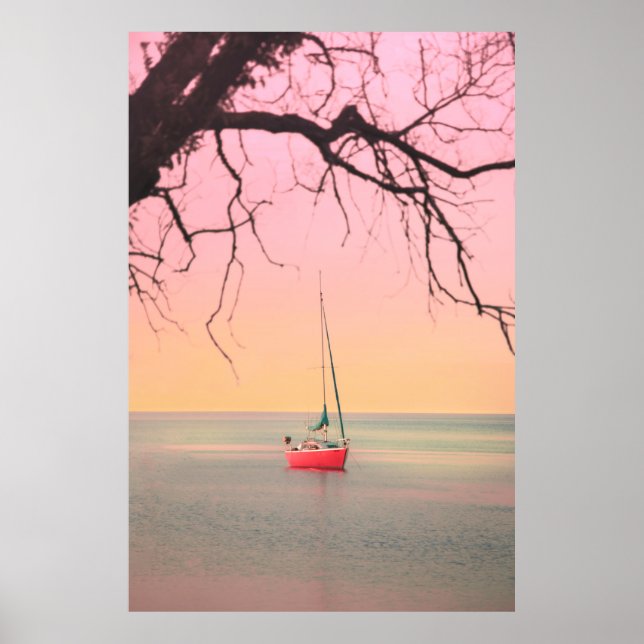 POSTER BATEAU ROUGE SUR LA PLAGE PENDANT LE COUCHER DE SO (Devant)