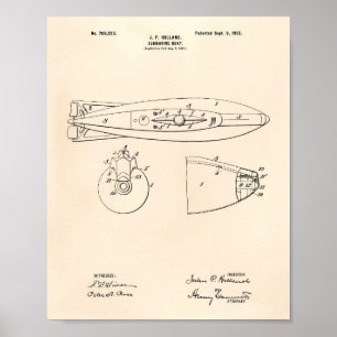 Poster Bateau sous-marin 1902 Brevet Art Vieux Poivre