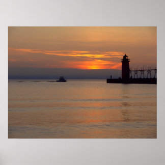 Poster Bateau sur le lac Michigan au phare de South Haven