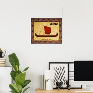 Poster Bateau viking à voile rouge II