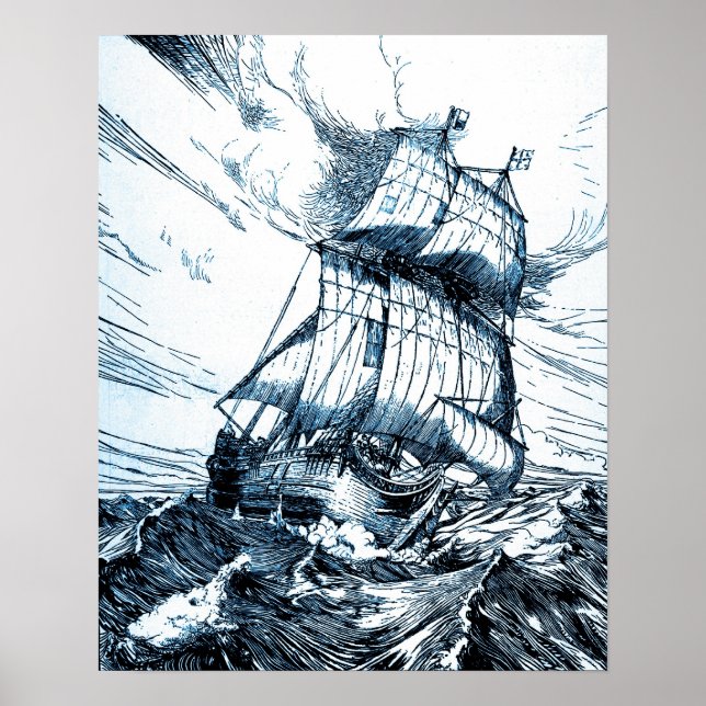Poster Bateau Voilier Vagues océaniques nautiques (Devant)