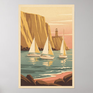 Poster Bateaux à voile Golden Cove et phare Retro Travel