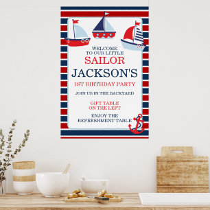 Poster Bateaux à voile rouges et bleus nautiques Garçons
