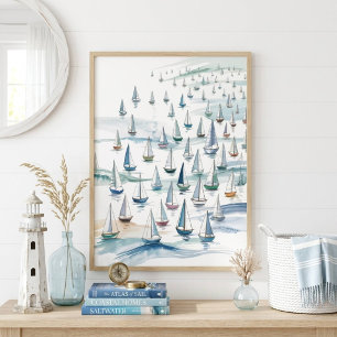 Poster Bateaux à voiles à l'aquarelle en mer Art nautique