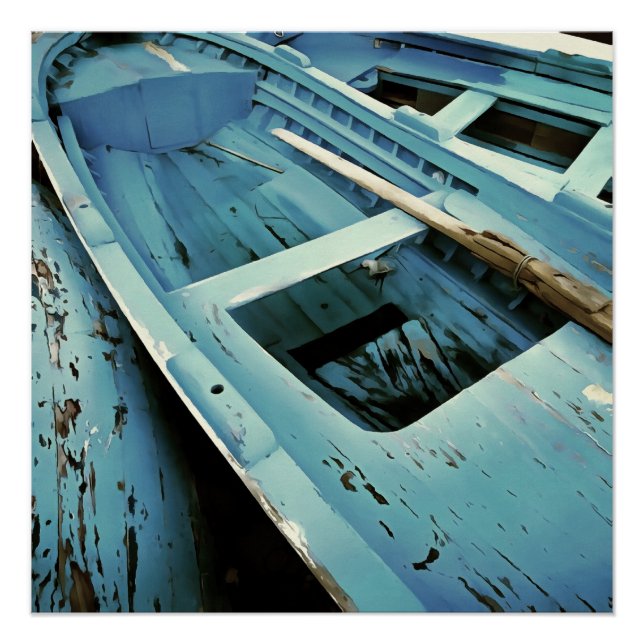 Poster Bateaux de pêche en bois rustique peint en bleu (Devant)