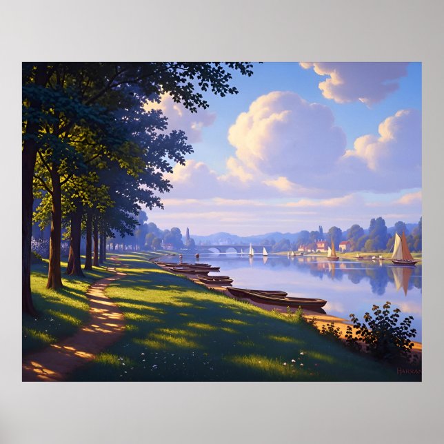 Poster Bateaux le long de la rivière tranquille (Devant)