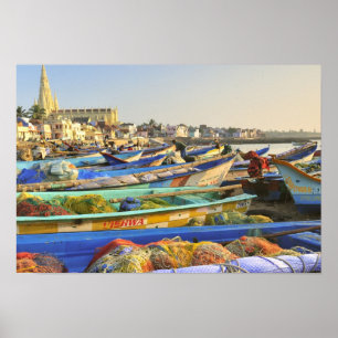 Poster Bateaux préparés pour la pêche, l'église de