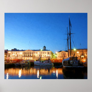 Poster Bateaux sur la place du marché d'Helsinki au soir