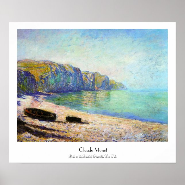 Poster Bateaux sur la plage de Pourville, Low Tide Monet (Devant)