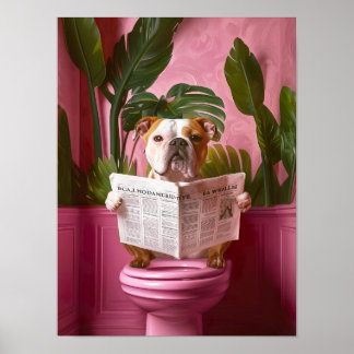 Poster Bathroom American Bulldog Reading on Toilet Print,