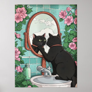Poster Bathroom Black Cat in Mirror Print, Funny Japanese